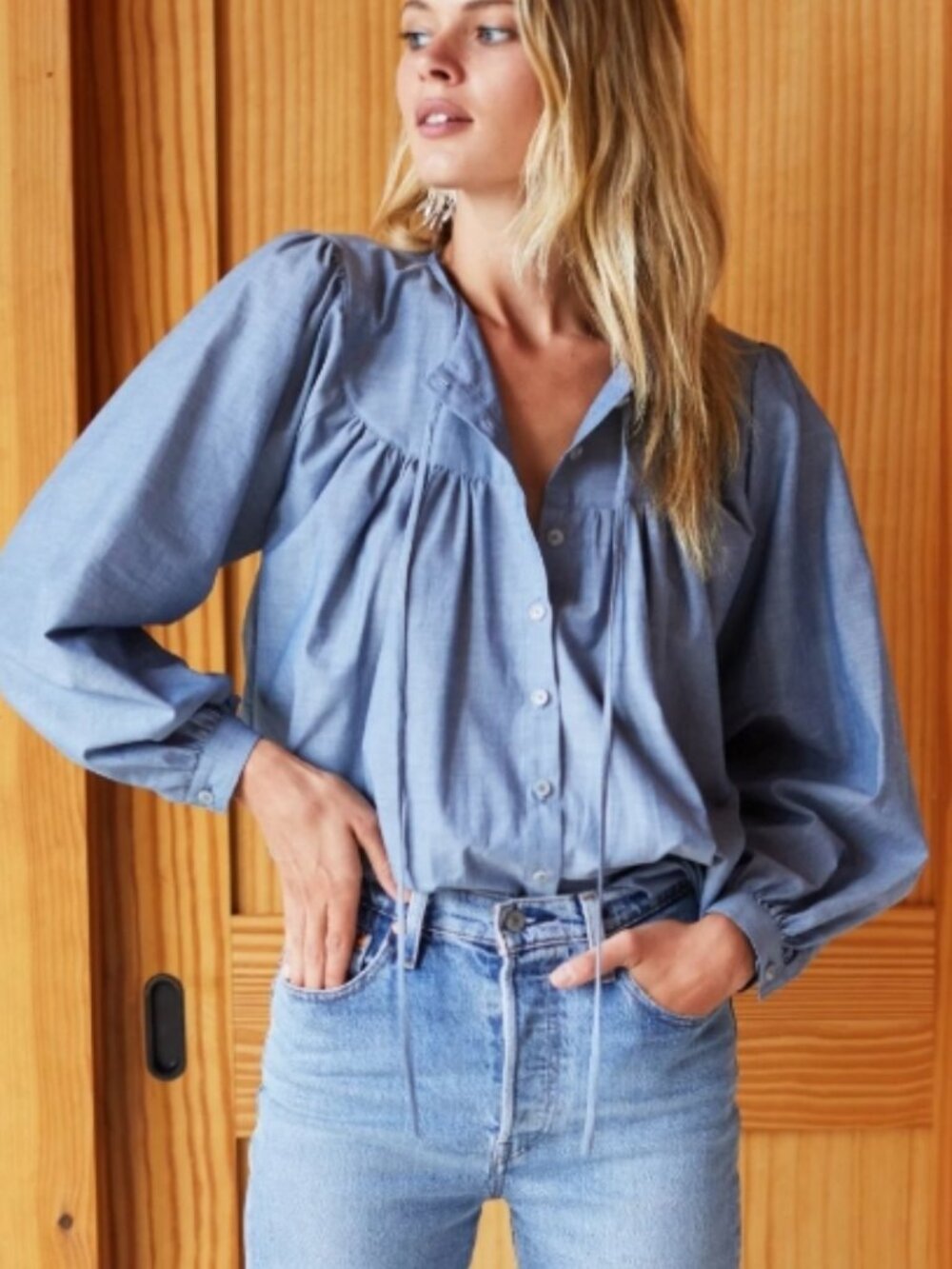 Emerson Fry Poet Blouse Top Chambray Blue Size XS NWOT